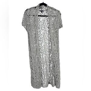 Eileen Fisher Luster Long Open Crochet Linen Blend Cardigan Vapor Grey small